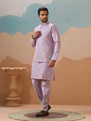 LAVENDER VISCOSE SILK THREAD WITH SEQUINS EMBROIDERED WORK WEDDING FESTIVAL PARTY WEAR STRAIGHT KURTA WITH JACKET 10