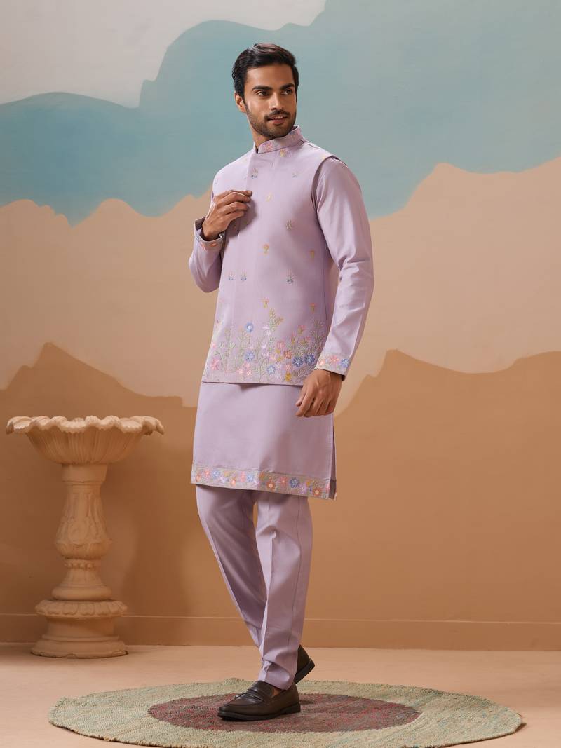 Lavender viscose silk thread with sequins embroidered work wedding festival party wear straight kurta with jacket