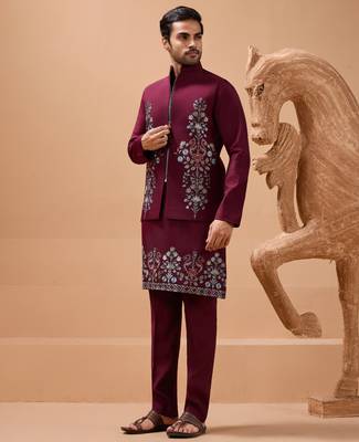 MAROON VISCOSE SILK PREMIUM THREAD WITH SEQUINS EMBROIDERED WORK WEDDING FESTIVAL PARTY WEAR STRAIGHT KURTA WITH JACKET 7