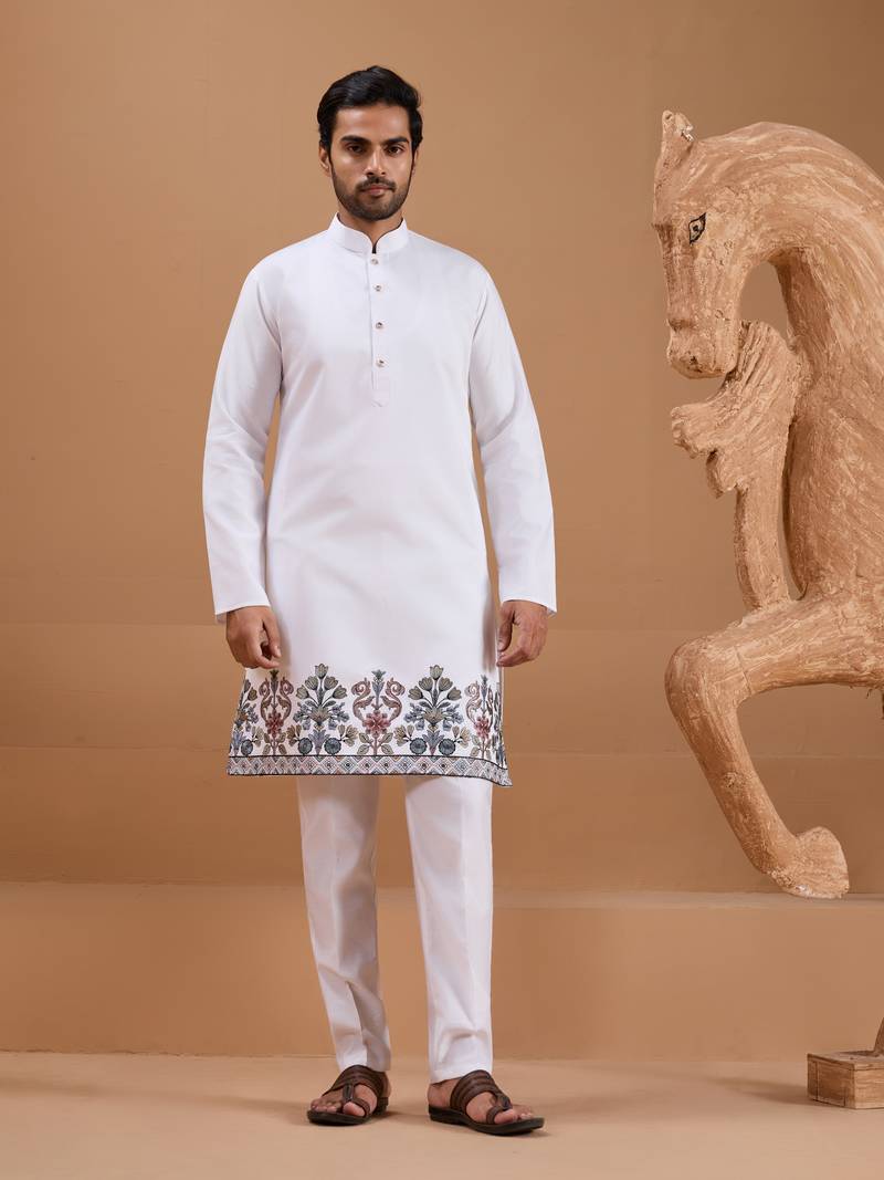 White viscose silk premium thread with sequins embroidered work wedding festival party wear straight kurta with jacket