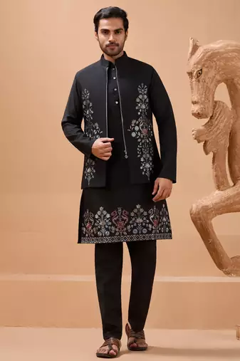 BLACK VISCOSE SILK PREMIUM THREAD WITH SEQUINS EMBROIDERED WORK WEDDING FESTIVAL PARTY WEAR STRAIGHT KURTA WITH JACKET
