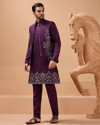 PURPLE VISCOSE SILK PREMIUM THREAD WITH SEQUINS EMBROIDERED WORK WEDDING FESTIVAL PARTY WEAR STRAIGHT KURTA WITH JACKET 7