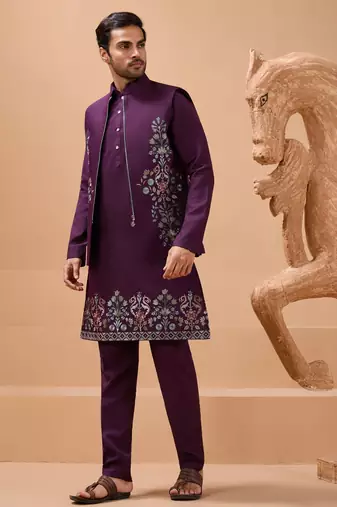 PURPLE VISCOSE SILK PREMIUM THREAD WITH SEQUINS EMBROIDERED WORK WEDDING FESTIVAL PARTY WEAR STRAIGHT KURTA WITH JACKET