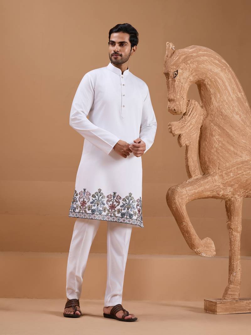 White viscose silk premium thread with sequins embroidered work wedding festival party wear straight kurta with jacket