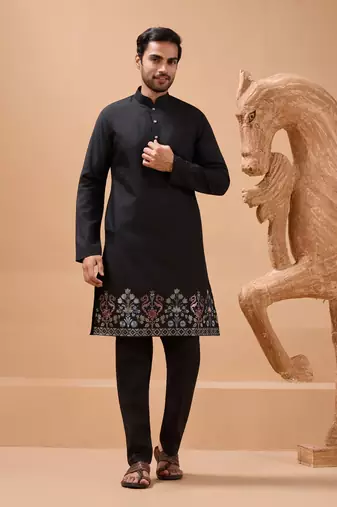 BLACK VISCOSE SILK PREMIUM THREAD WITH SEQUINS EMBROIDERED WORK WEDDING FESTIVAL PARTY WEAR STRAIGHT KURTA WITH JACKET