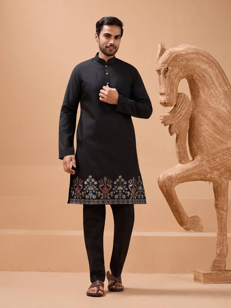 Black viscose silk premium thread with sequins embroidered work wedding festival party wear straight kurta with jacket