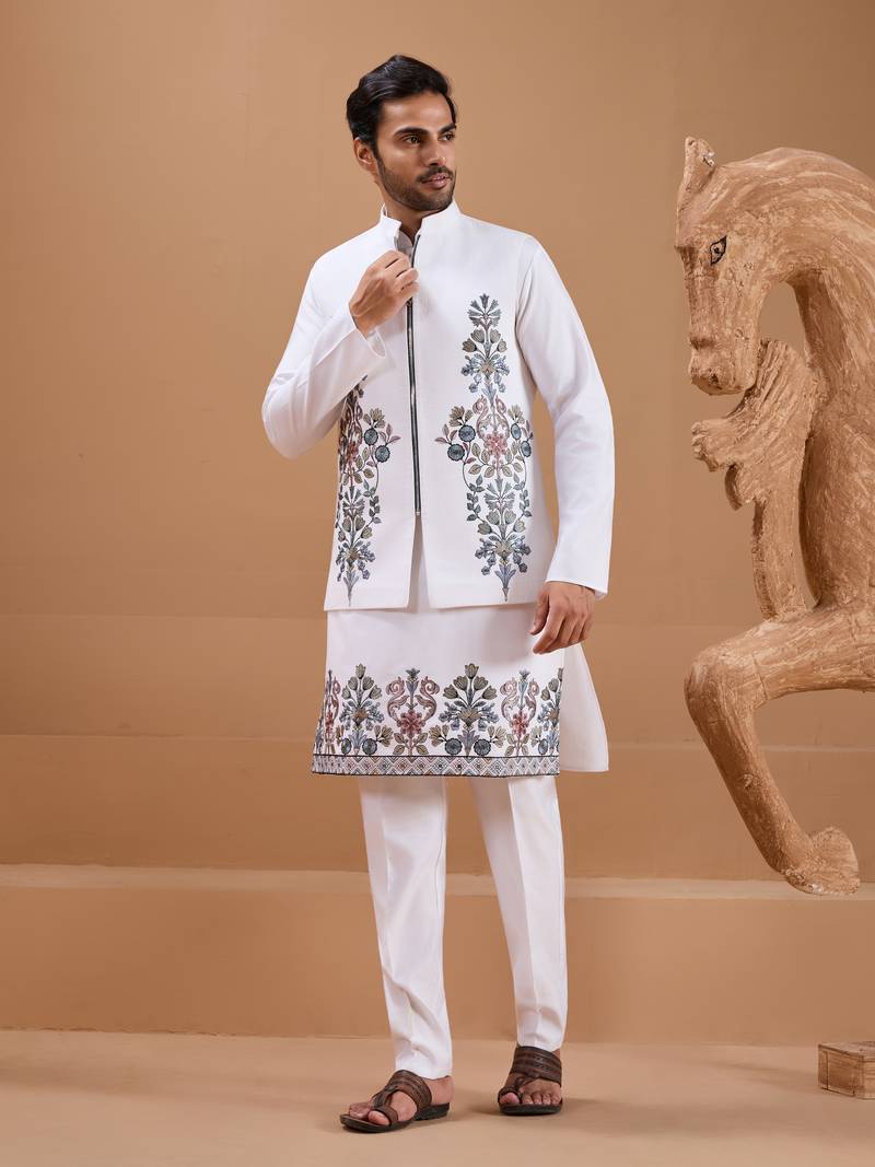 White viscose silk premium thread with sequins embroidered work wedding festival party wear straight kurta with jacket