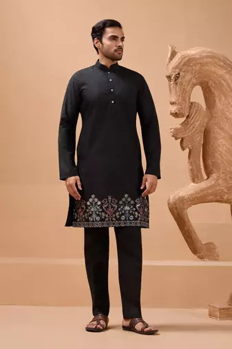 BLACK VISCOSE SILK PREMIUM THREAD WITH SEQUINS EMBROIDERED WORK WEDDING FESTIVAL PARTY WEAR STRAIGHT KURTA WITH JACKET