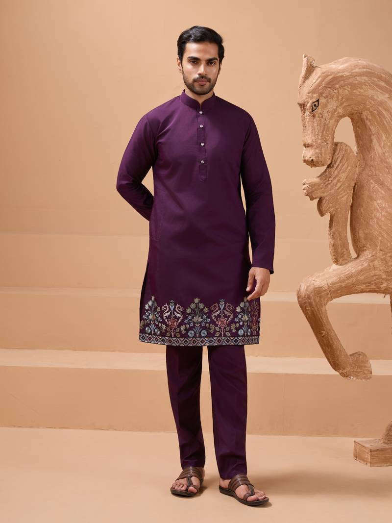 Purple viscose silk premium thread with sequins embroidered work wedding festival party wear straight kurta with jacket