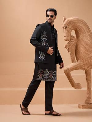 BLACK VISCOSE SILK PREMIUM THREAD WITH SEQUINS EMBROIDERED WORK WEDDING FESTIVAL PARTY WEAR STRAIGHT KURTA WITH JACKET 10
