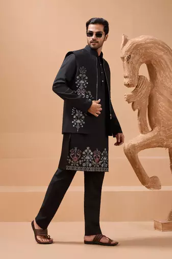 BLACK VISCOSE SILK PREMIUM THREAD WITH SEQUINS EMBROIDERED WORK WEDDING FESTIVAL PARTY WEAR STRAIGHT KURTA WITH JACKET
