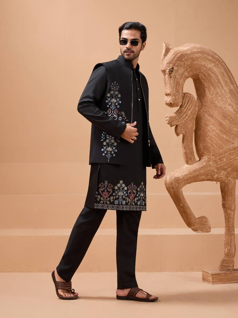 Black viscose silk premium thread with sequins embroidered work wedding festival party wear straight kurta with jacket