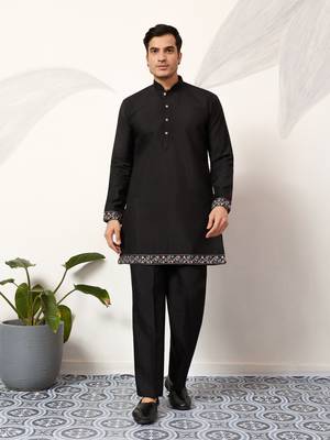 BLACK ART SILK PREMIUM THREAD WITH SEQUINS EMBROIDERED WORK WEDDING FESTIVAL PARTY WEAR STRAIGHT KURTA WITH JACKET 6