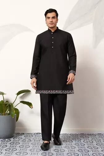 BLACK ART SILK PREMIUM THREAD WITH SEQUINS EMBROIDERED WORK WEDDING FESTIVAL PARTY WEAR STRAIGHT KURTA WITH JACKET