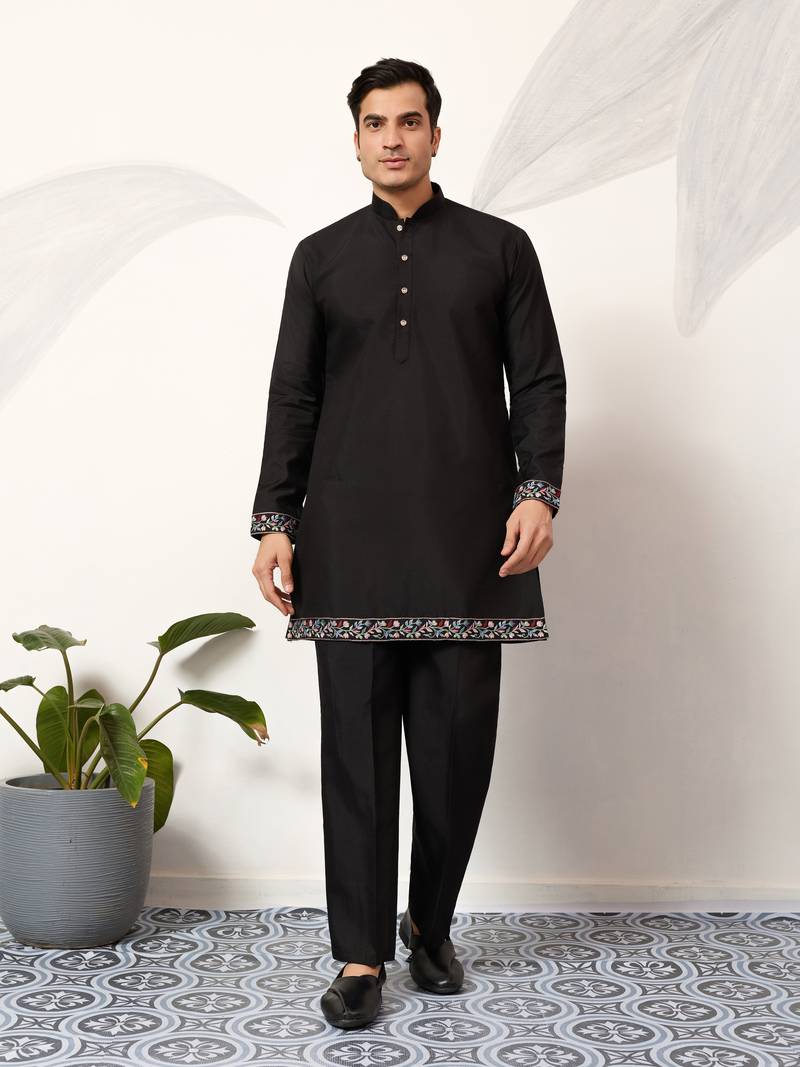 Black art silk premium thread with sequins embroidered work wedding festival party wear straight kurta with jacket