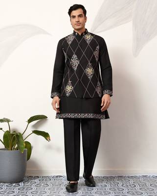 BLACK ART SILK PREMIUM THREAD WITH SEQUINS EMBROIDERED WORK WEDDING FESTIVAL PARTY WEAR STRAIGHT KURTA WITH JACKET 7
