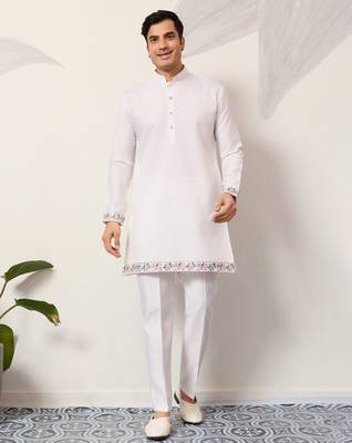 WHITE ART SILK PREMIUM THREAD WITH SEQUINS EMBROIDERED WORK WEDDING FESTIVAL PARTY WEAR STRAIGHT KURTA WITH JACKET 6