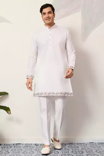 WHITE ART SILK PREMIUM THREAD WITH SEQUINS EMBROIDERED WORK WEDDING FESTIVAL PARTY WEAR STRAIGHT KURTA WITH JACKET