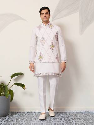 WHITE ART SILK PREMIUM THREAD WITH SEQUINS EMBROIDERED WORK WEDDING FESTIVAL PARTY WEAR STRAIGHT KURTA WITH JACKET 7