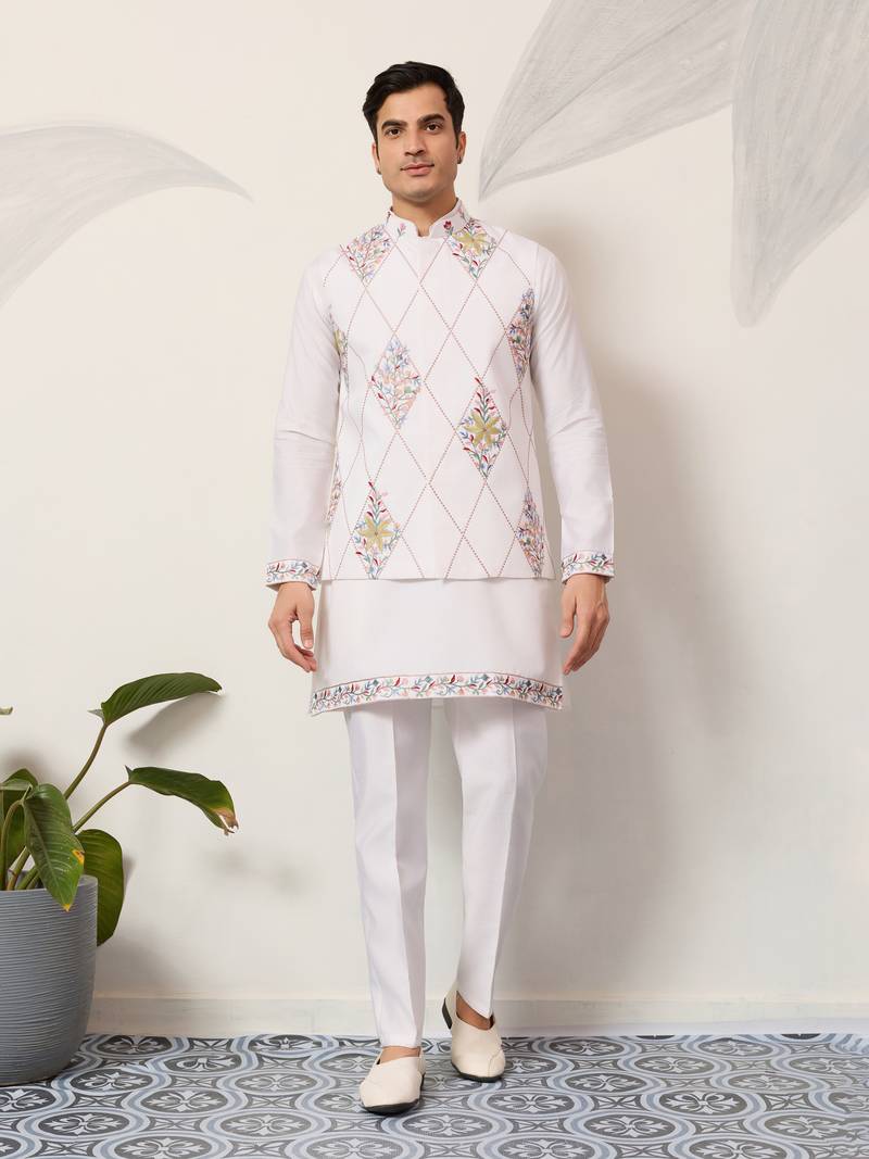 White art silk premium thread with sequins embroidered work wedding festival party wear straight kurta with jacket