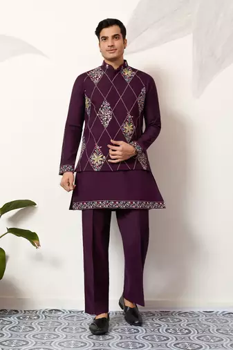 PURPLE ART SILK PREMIUM THREAD WITH SEQUINS EMBROIDERED WORK WEDDING FESTIVAL PARTY WEAR STRAIGHT KURTA WITH JACKET