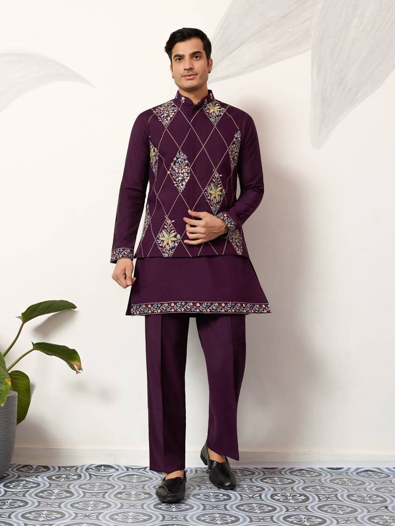 Purple art silk premium thread with sequins embroidered work wedding festival party wear straight kurta with jacket