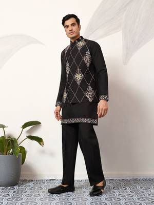 BLACK ART SILK PREMIUM THREAD WITH SEQUINS EMBROIDERED WORK WEDDING FESTIVAL PARTY WEAR STRAIGHT KURTA WITH JACKET 8