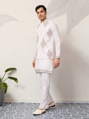 WHITE ART SILK PREMIUM THREAD WITH SEQUINS EMBROIDERED WORK WEDDING FESTIVAL PARTY WEAR STRAIGHT KURTA WITH JACKET 8