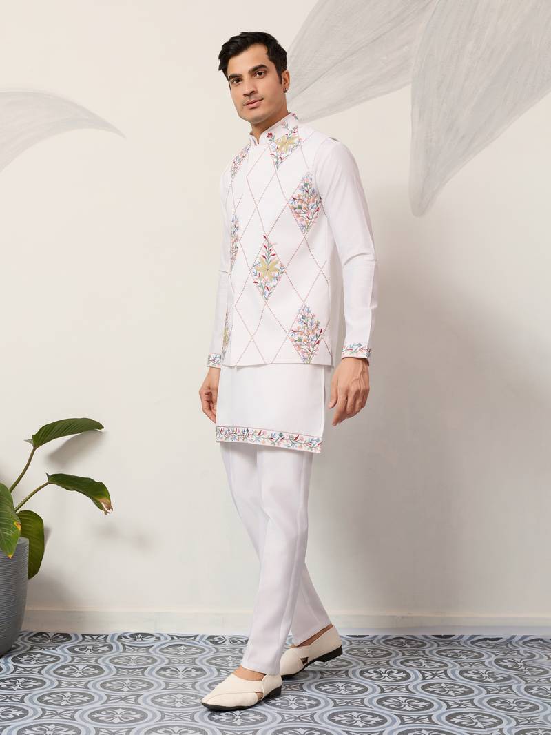 White art silk premium thread with sequins embroidered work wedding festival party wear straight kurta with jacket