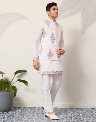 WHITE ART SILK PREMIUM THREAD WITH SEQUINS EMBROIDERED WORK WEDDING FESTIVAL PARTY WEAR STRAIGHT KURTA WITH JACKET 9