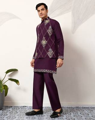 PURPLE ART SILK PREMIUM THREAD WITH SEQUINS EMBROIDERED WORK WEDDING FESTIVAL PARTY WEAR STRAIGHT KURTA WITH JACKET 7