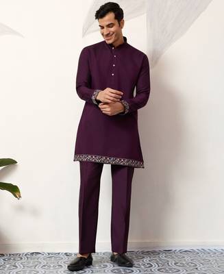 PURPLE ART SILK PREMIUM THREAD WITH SEQUINS EMBROIDERED WORK WEDDING FESTIVAL PARTY WEAR STRAIGHT KURTA WITH JACKET 8