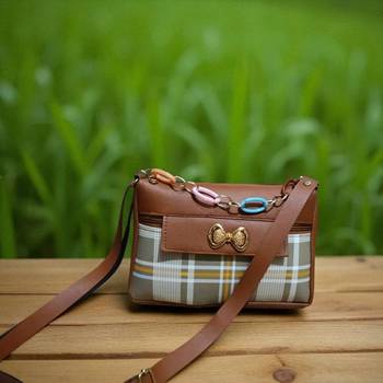 Brown Check Sling Bag for Women Stylish Crossbody Chain Handbag 1