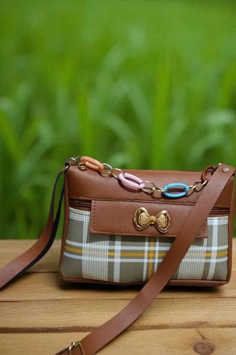 Brown Check Sling Bag for Women Stylish Crossbody Chain Handbag