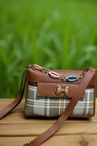 Brown Check Sling Bag for Women Stylish Crossbody Chain Handbag
