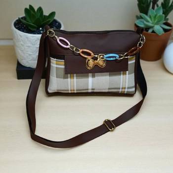 Brown Check Sling Bag for Women Stylish Crossbody Chain Handbag 1