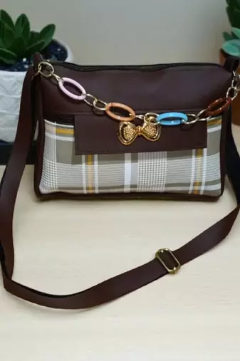 Brown Check Sling Bag for Women Stylish Crossbody Chain Handbag