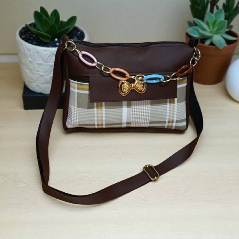 Brown Check Sling Bag for Women Stylish Crossbody Chain Handbag