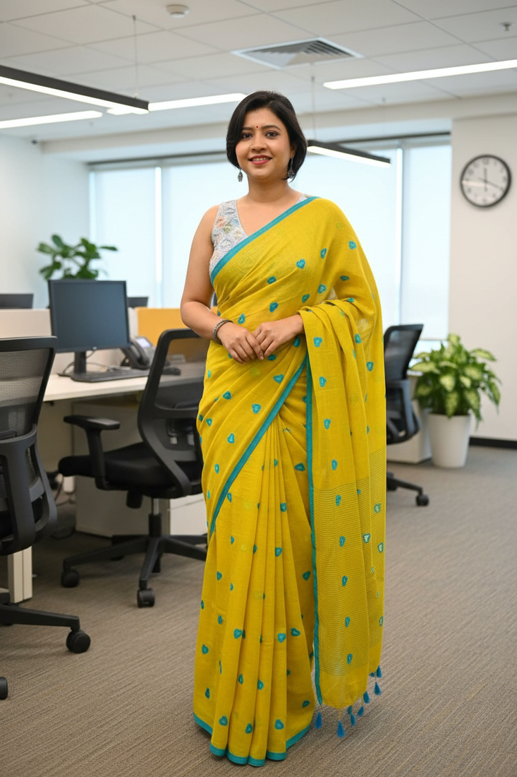 Yellow bengali khadi cotyton saree stylish for women