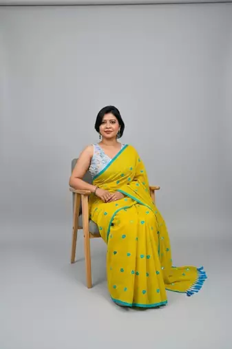 Yellow bengali khadi cotton saree for women