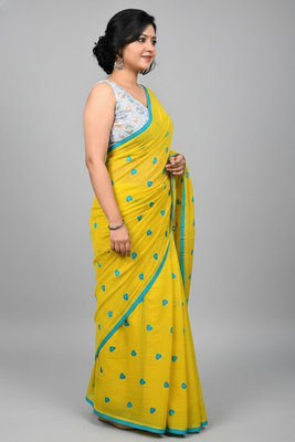 Yellow bengali khadi cotton saree for women 3