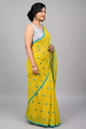 Yellow bengali khadi cotton saree for women