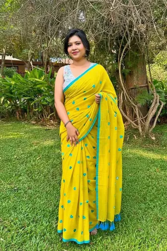 Yellow bengali khadi cotton saree for women
