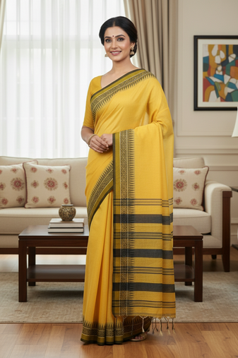 Yellow bengali khadi cotyton saree stylish for women