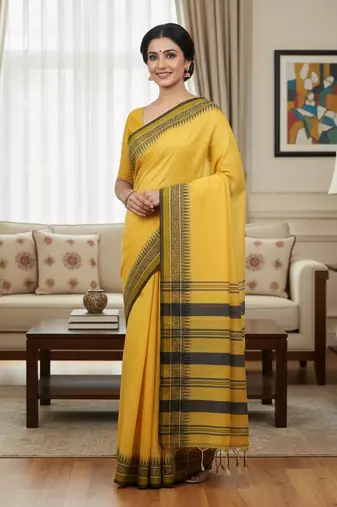 Yellow bengali khadi cotyton saree stylish for women