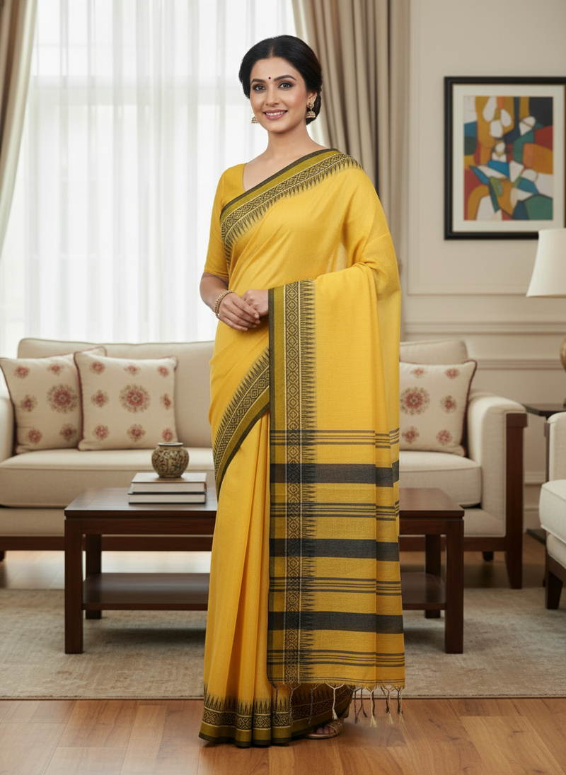 Yellow bengali khadi cotyton saree stylish for women