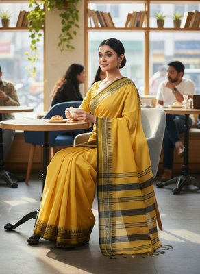 Yellow bengali khadi cotton saree for women 2