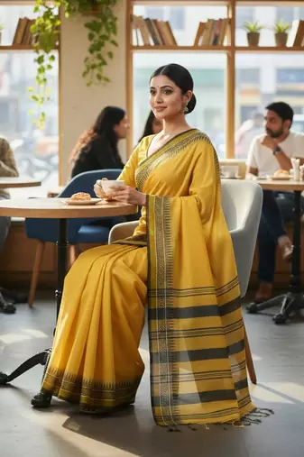 Yellow bengali khadi cotton saree for women