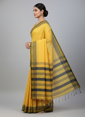 Yellow bengali khadi cotton saree for women 3