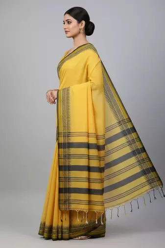 Yellow bengali khadi cotton saree for women